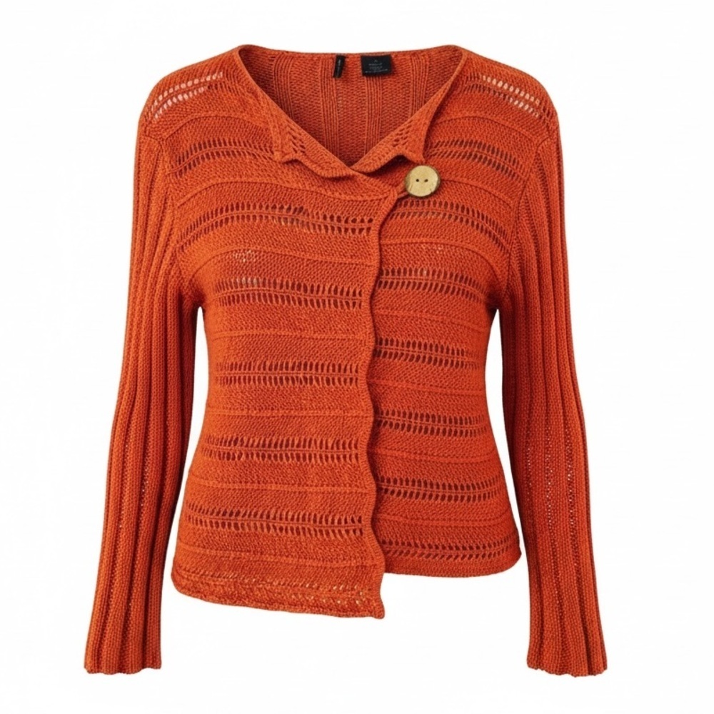 Etoile Burnt Orange Open Knit One Button 3/4 Sleeve Cardigan Sweater - Picture 1 of 9